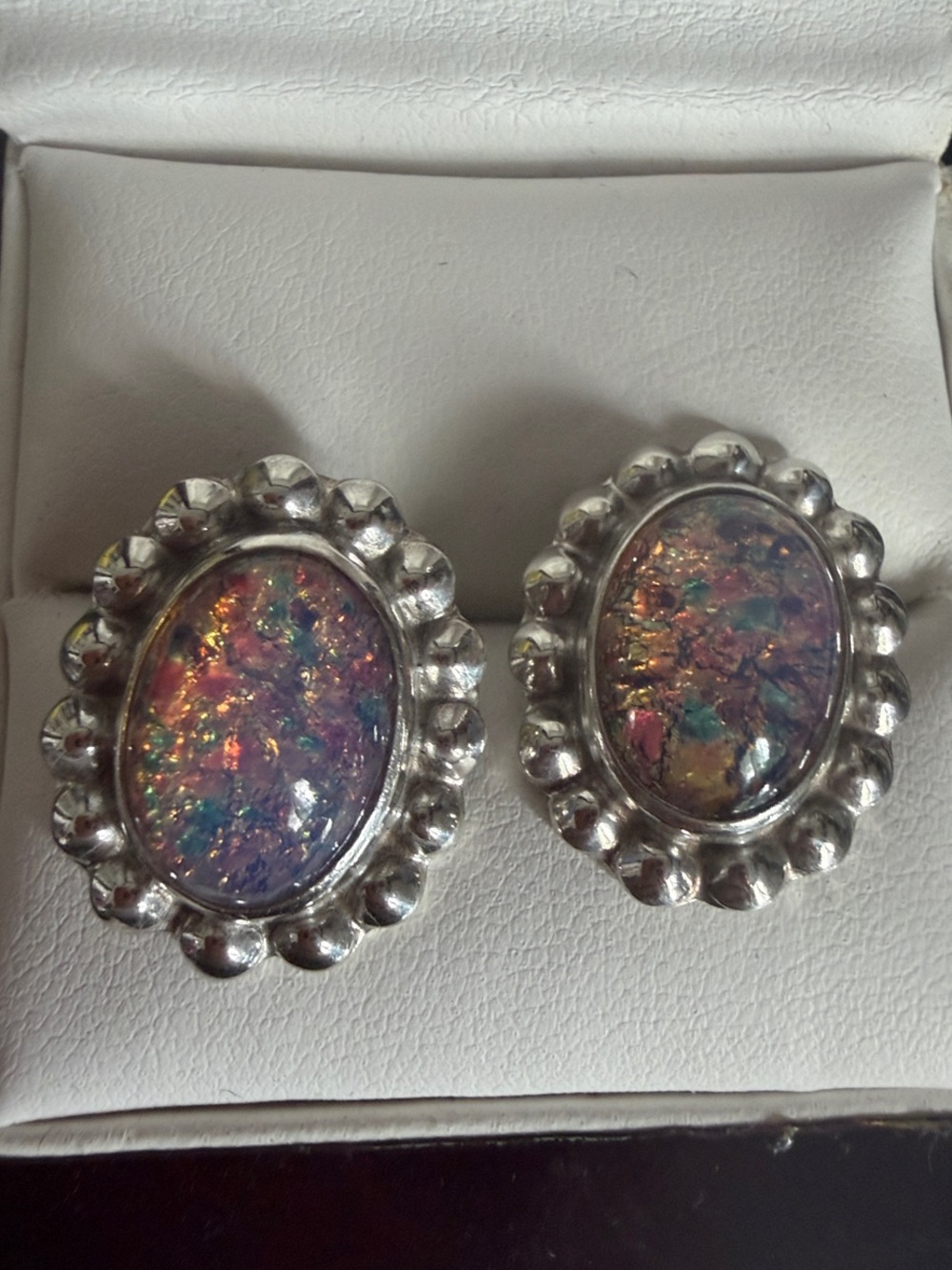 MEXICO STERLING SILVER FOIL OPAL FAUX FIRE OPAL ART GLASS EARRINGS DRAGON BREATH